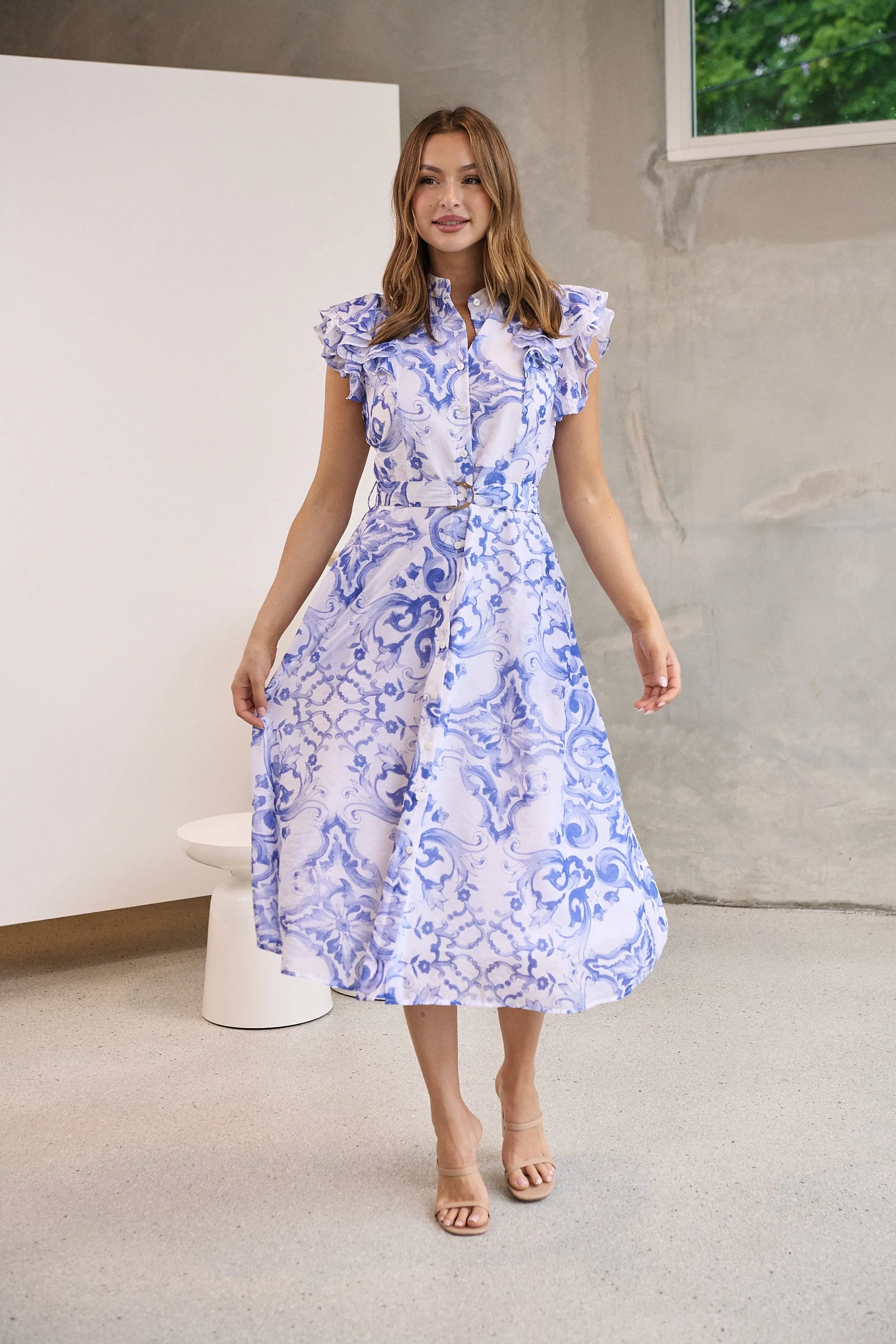 Lucia Blue/White Collared Frill Sleeve Pleated Midi Dress