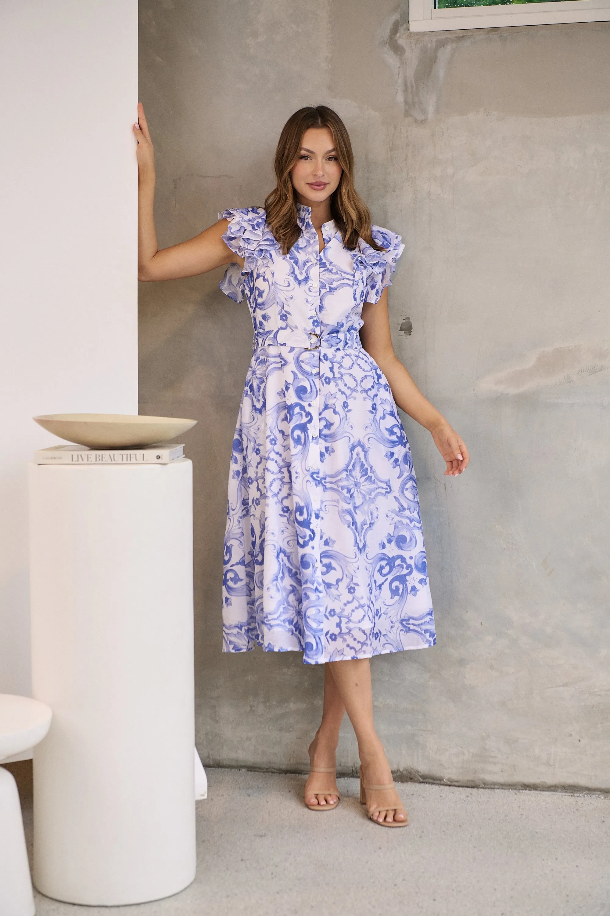 Lucia Blue/White Collared Frill Sleeve Pleated Midi Dress