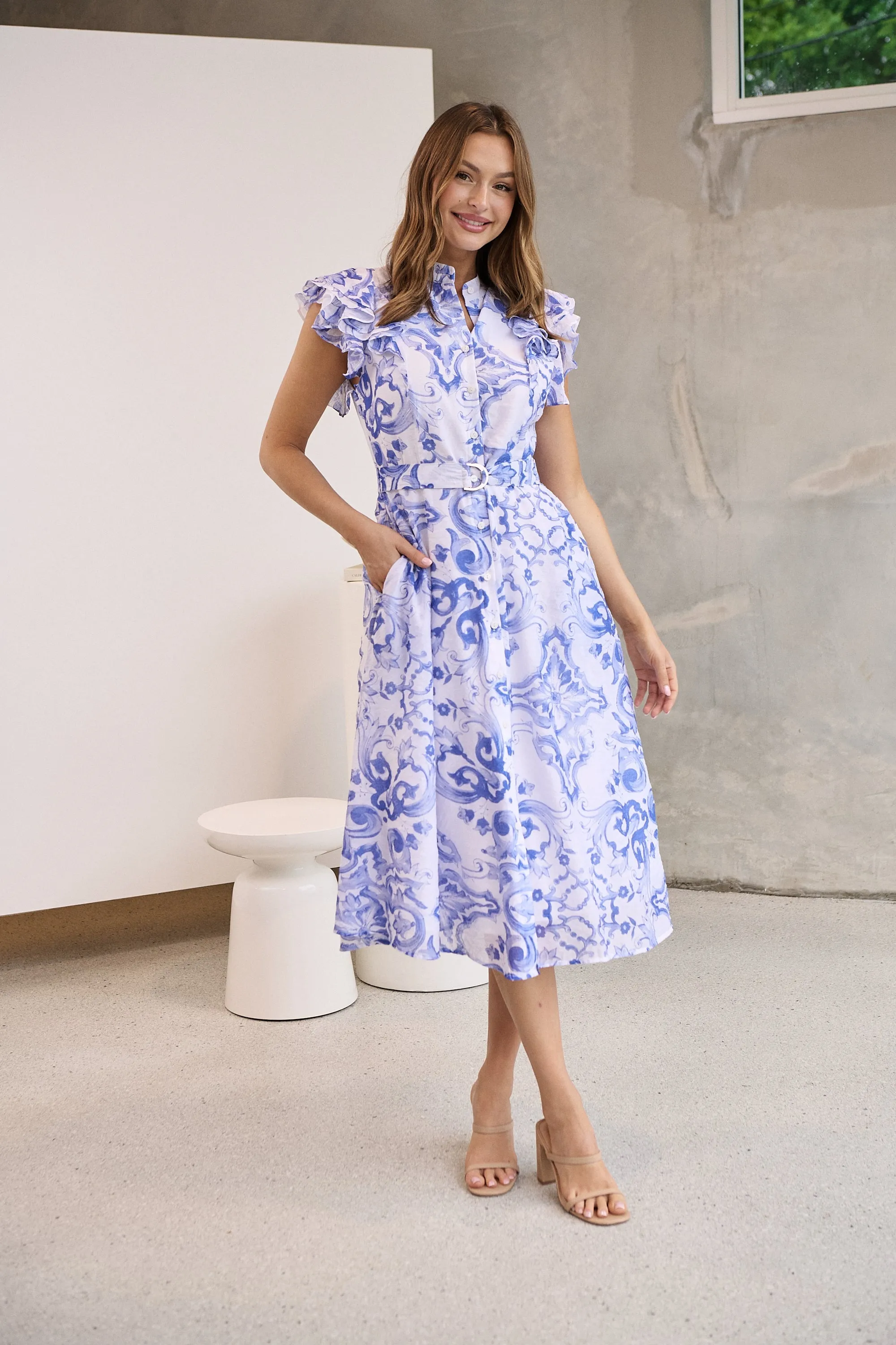 Lucia Blue/White Collared Frill Sleeve Pleated Midi Dress