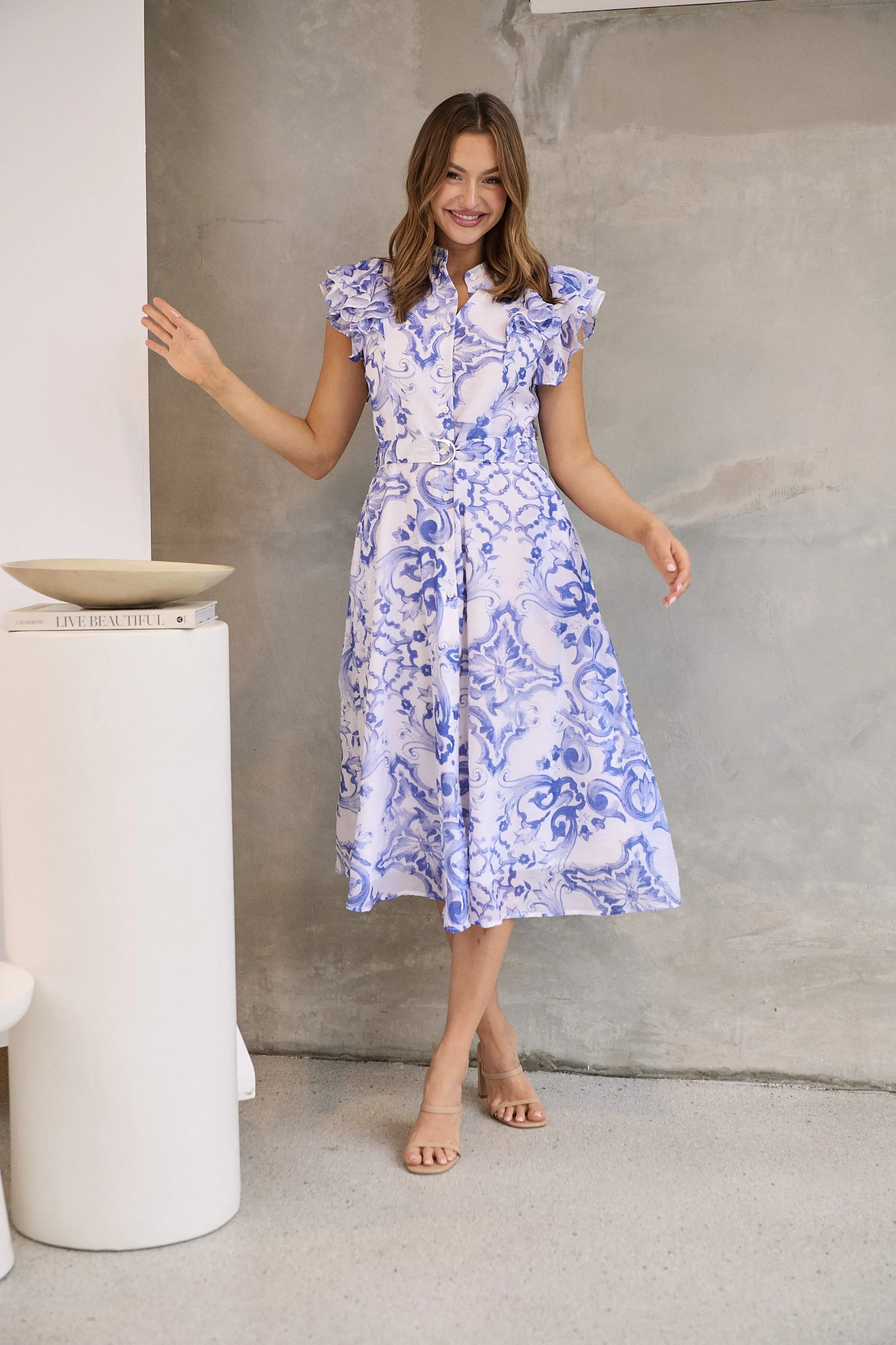 Lucia Blue/White Collared Frill Sleeve Pleated Midi Dress