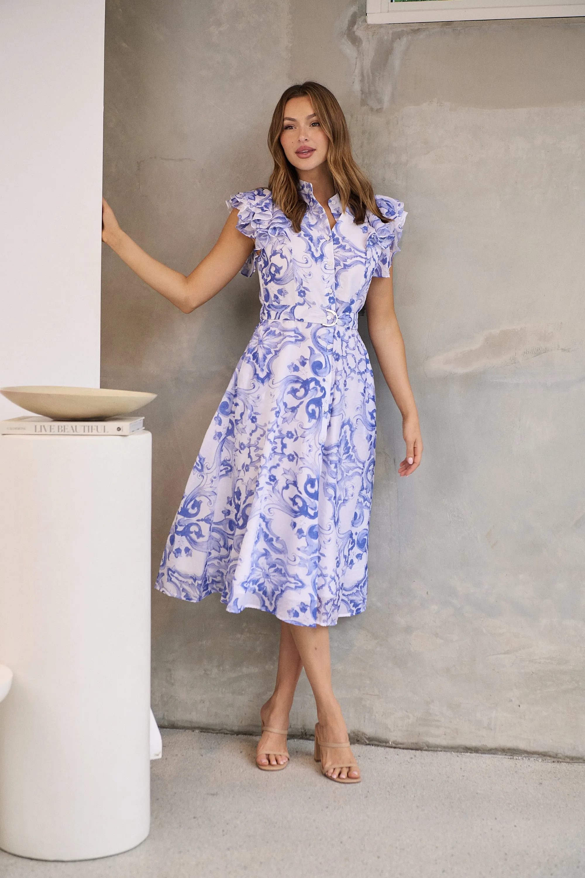 Lucia Blue/White Collared Frill Sleeve Pleated Midi Dress