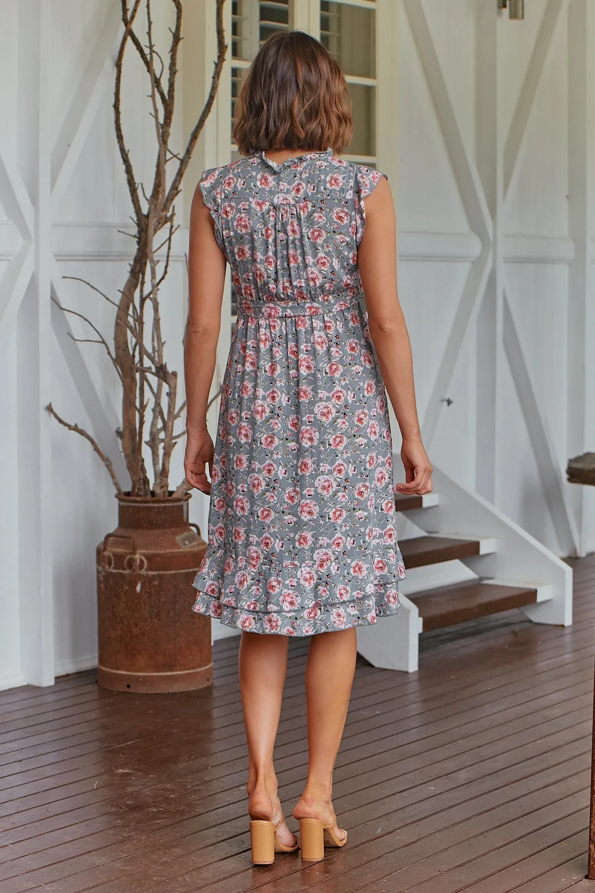 Maggie Grey/Pink Rose Print Midi Dress