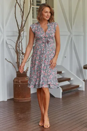 Maggie Grey/Pink Rose Print Midi Dress