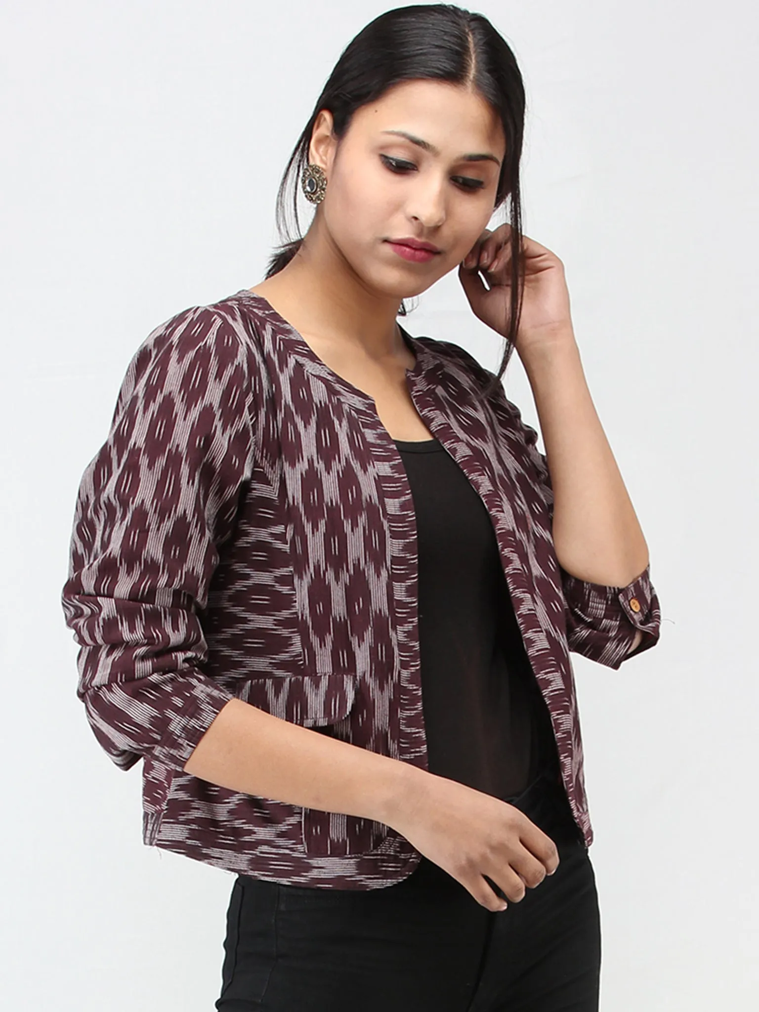 Maroon White Hand Woven Ikat Cape Jacket  - J14FXXX