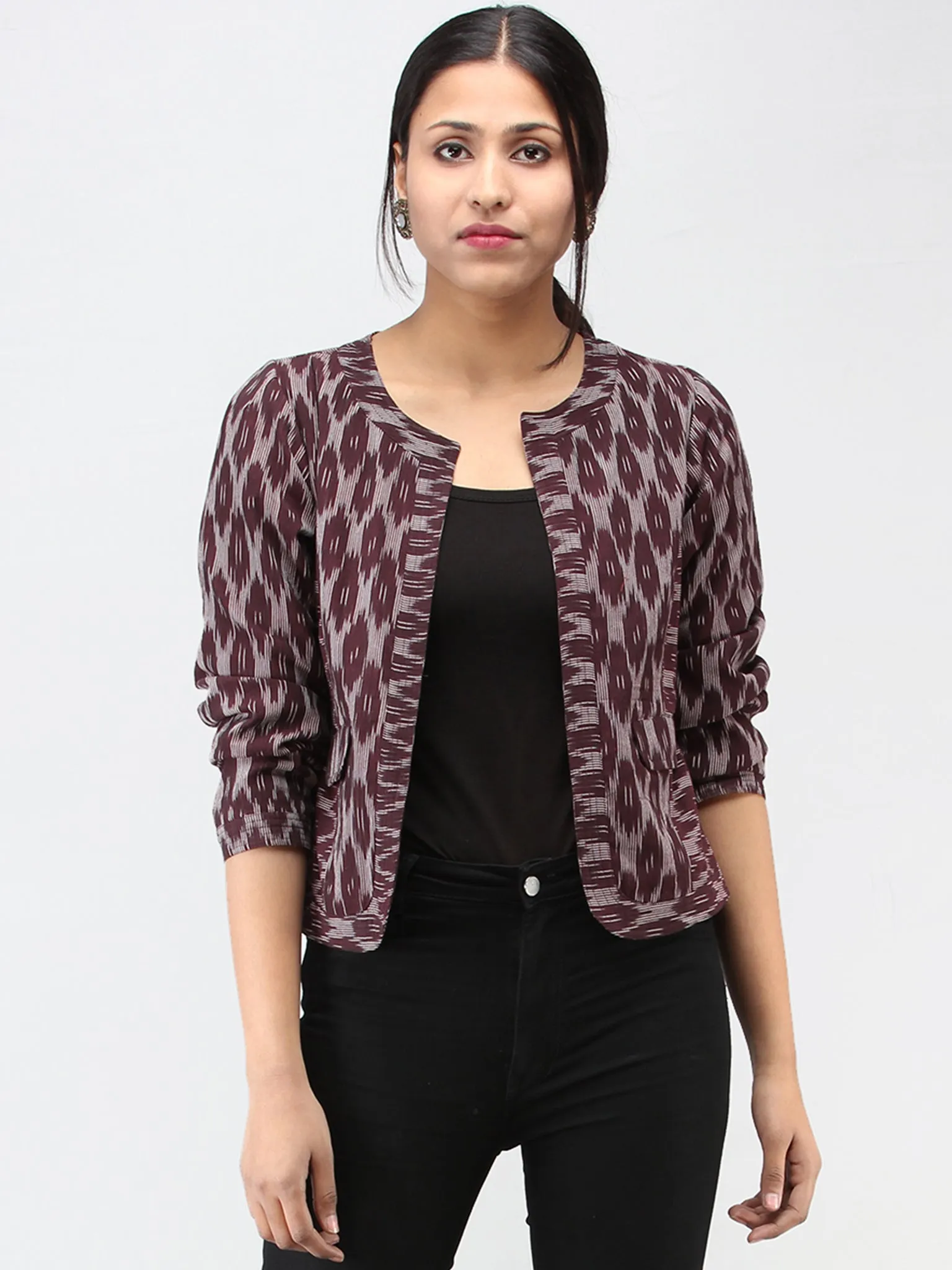 Maroon White Hand Woven Ikat Cape Jacket  - J14FXXX