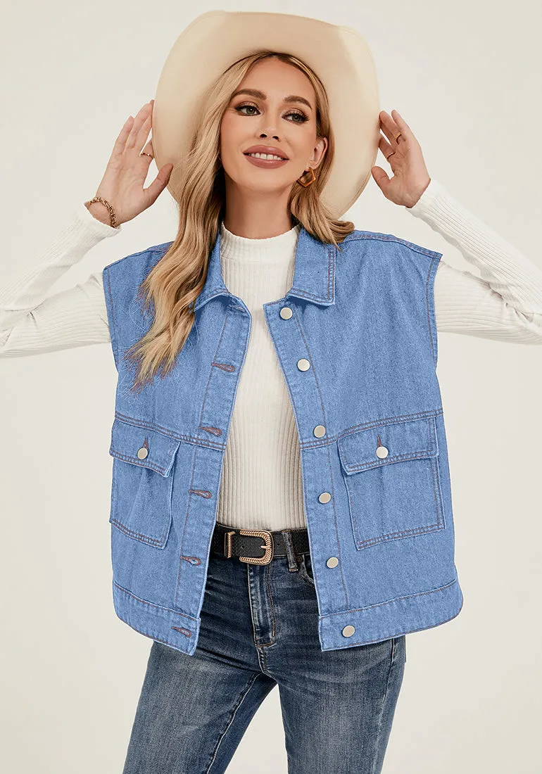 Medium Blue Women's Casual Oversized Button Down Sleeveless Jean Jacket with Pockets