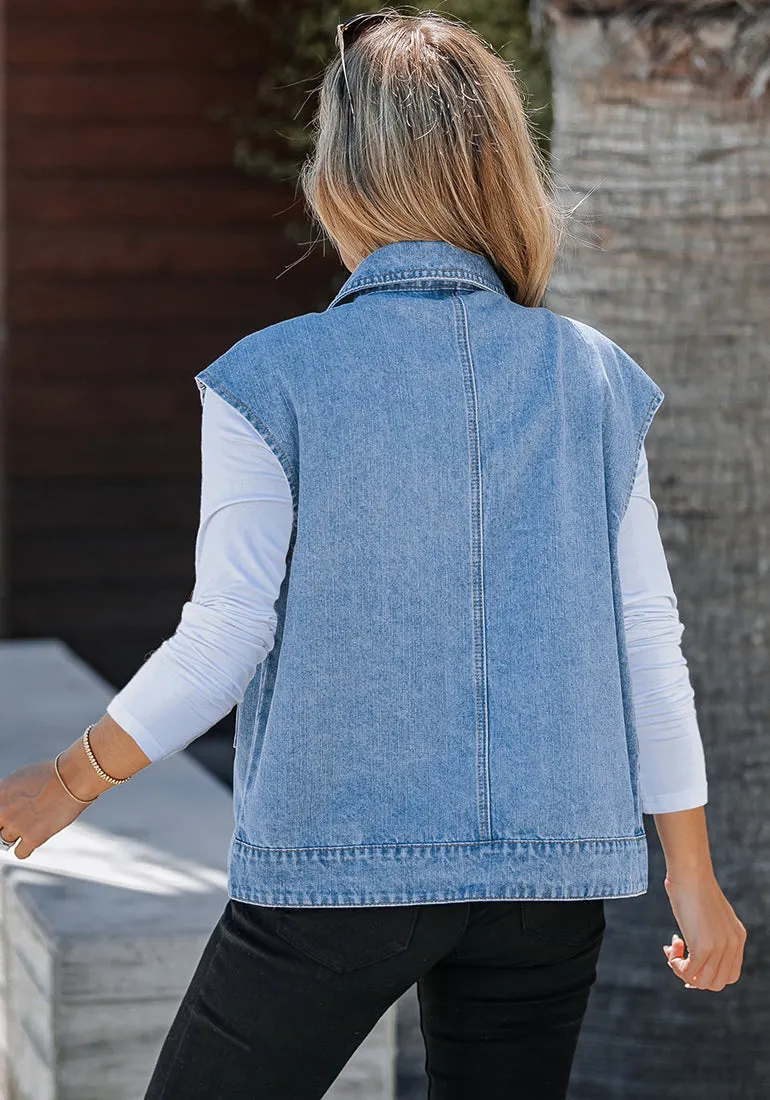 Medium Blue Women's Casual Oversized Button Down Sleeveless Jean Jacket with Pockets