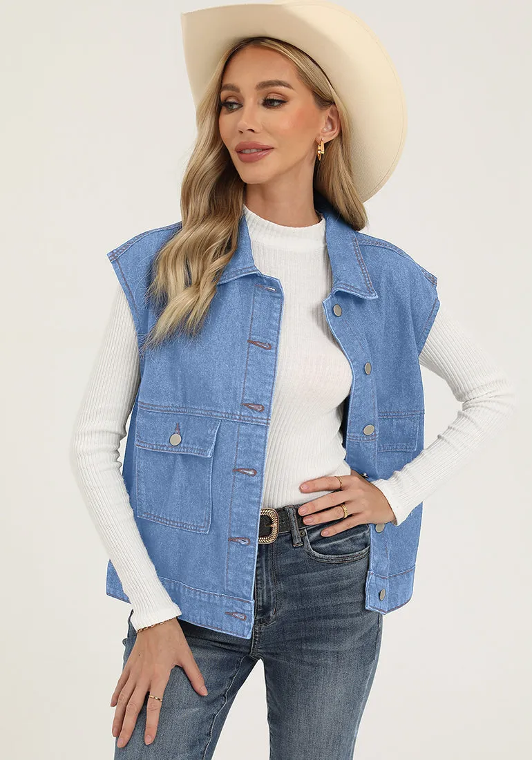 Medium Blue Women's Casual Oversized Button Down Sleeveless Jean Jacket with Pockets