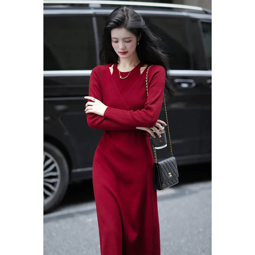 Meizishule Merino Wool Long Sleeve Knitted Dress