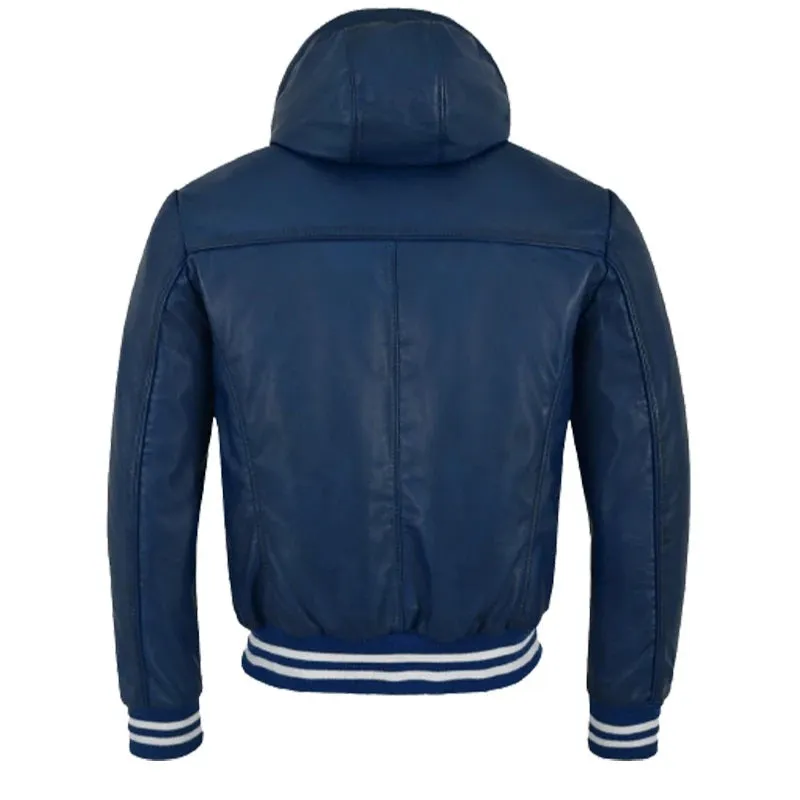 Men's Blue Leather Hooded Bomber Biker Jacket