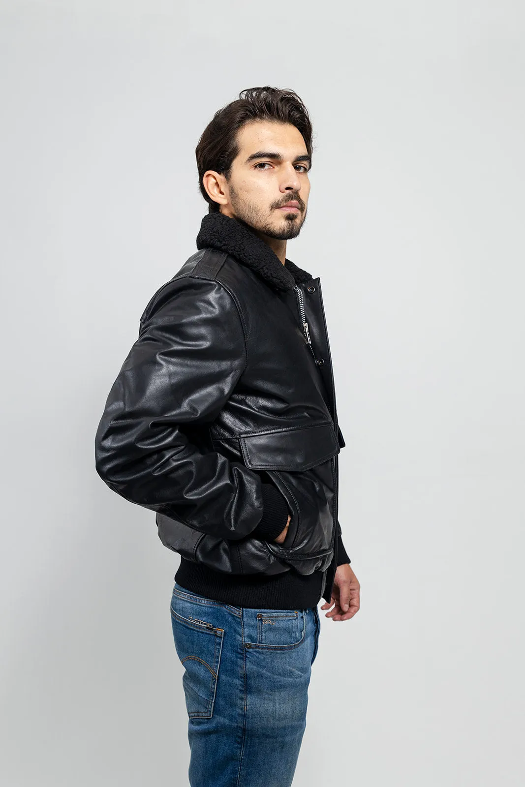 Men's Bomber Leather Jacket Black (POS)