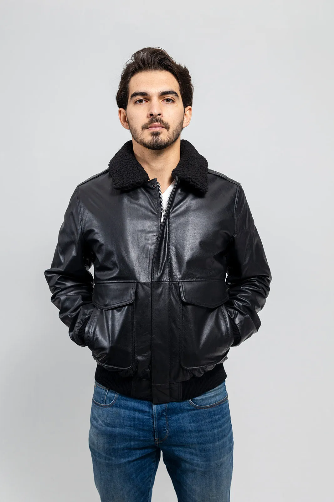 Men's Bomber Leather Jacket Black (POS)