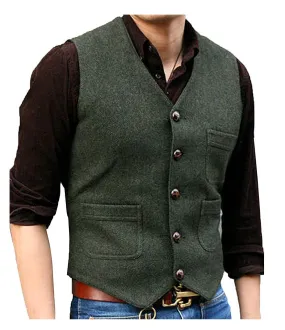 Men's Casual Tweed Herringbone V Neck Waistcoat