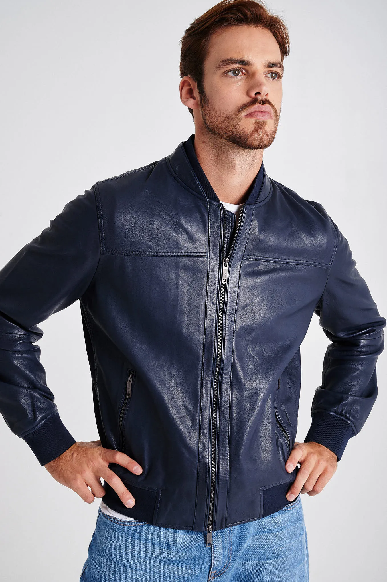 Men's nappa bomber jacket with double collar