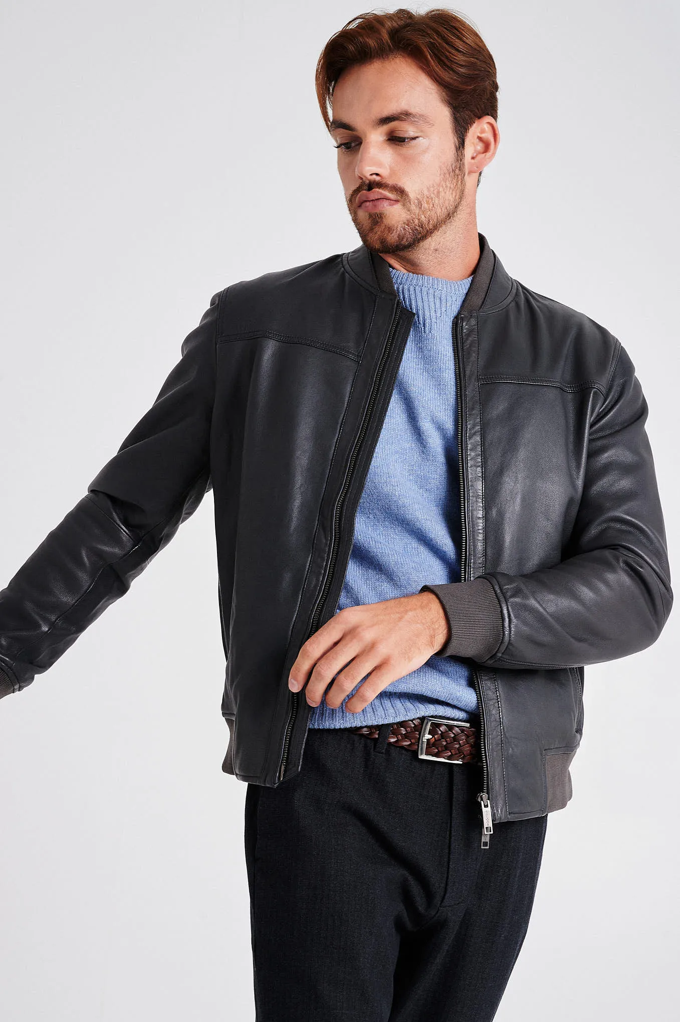 Men's nappa bomber jacket with double collar