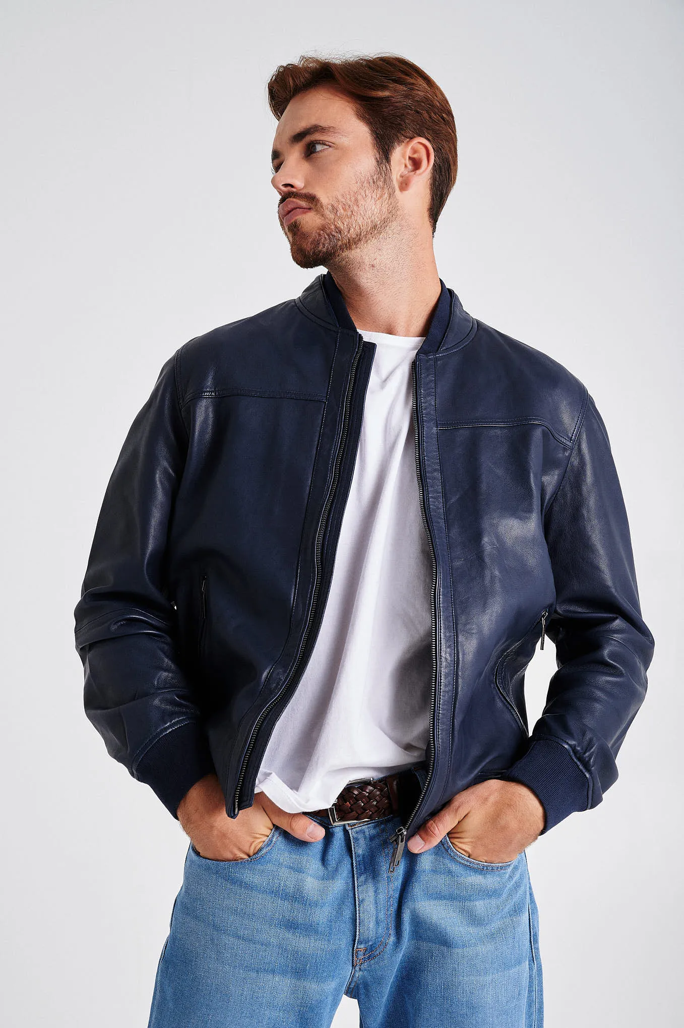 Men's nappa bomber jacket with double collar