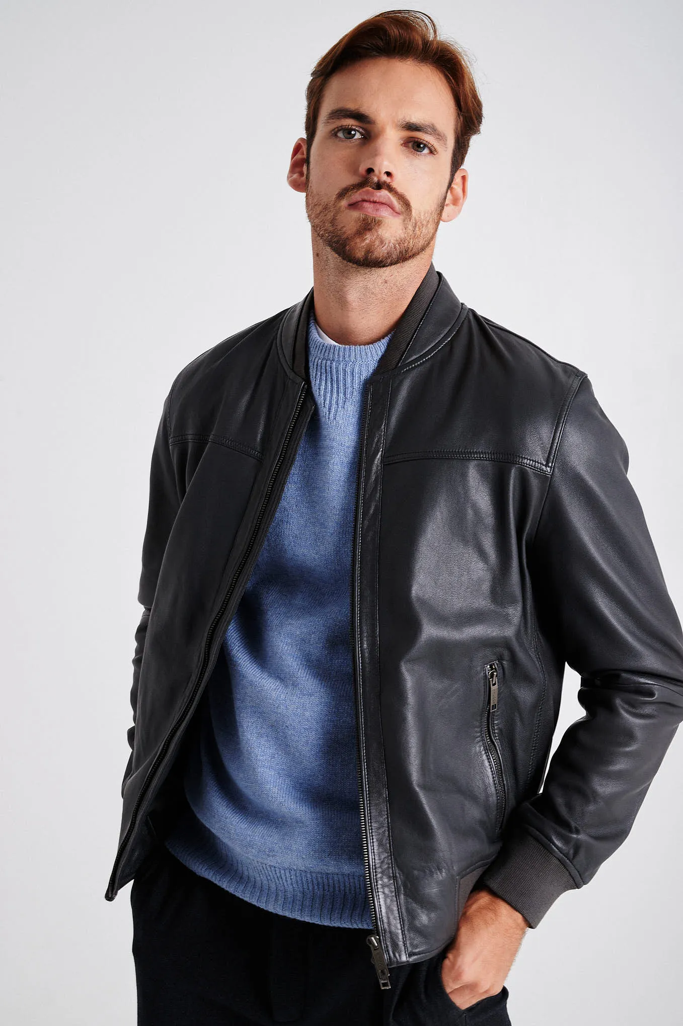 Men's nappa bomber jacket with double collar