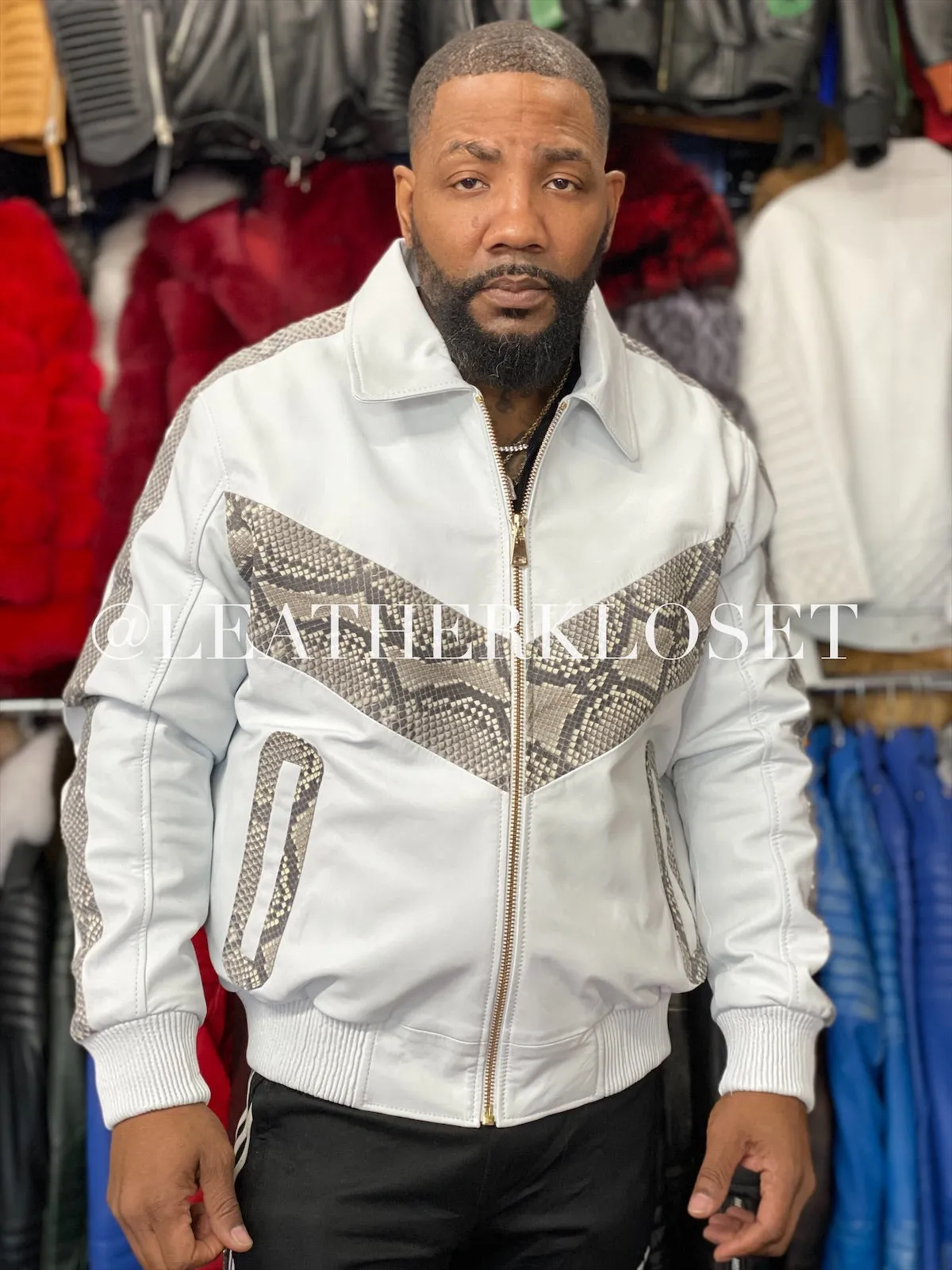 Men's Real Anaconda And Leather Bomber Jacket