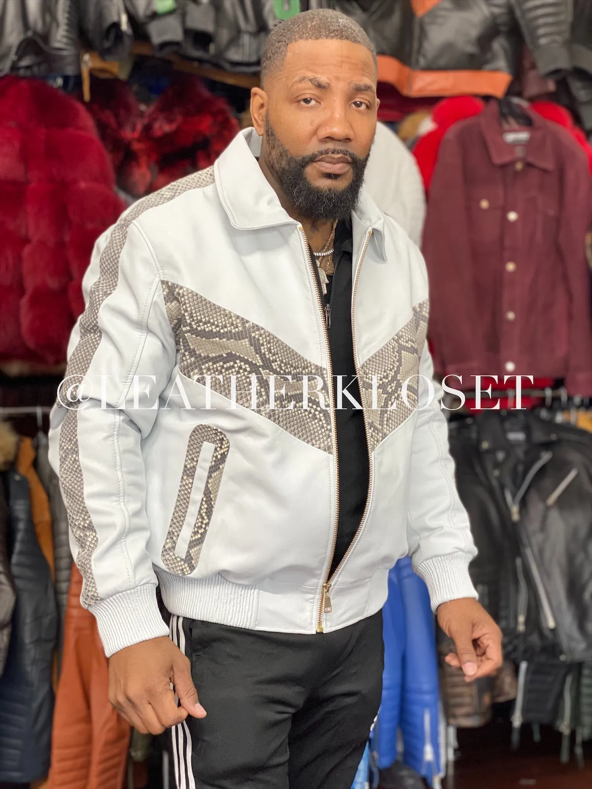 Men's Real Anaconda And Leather Bomber Jacket