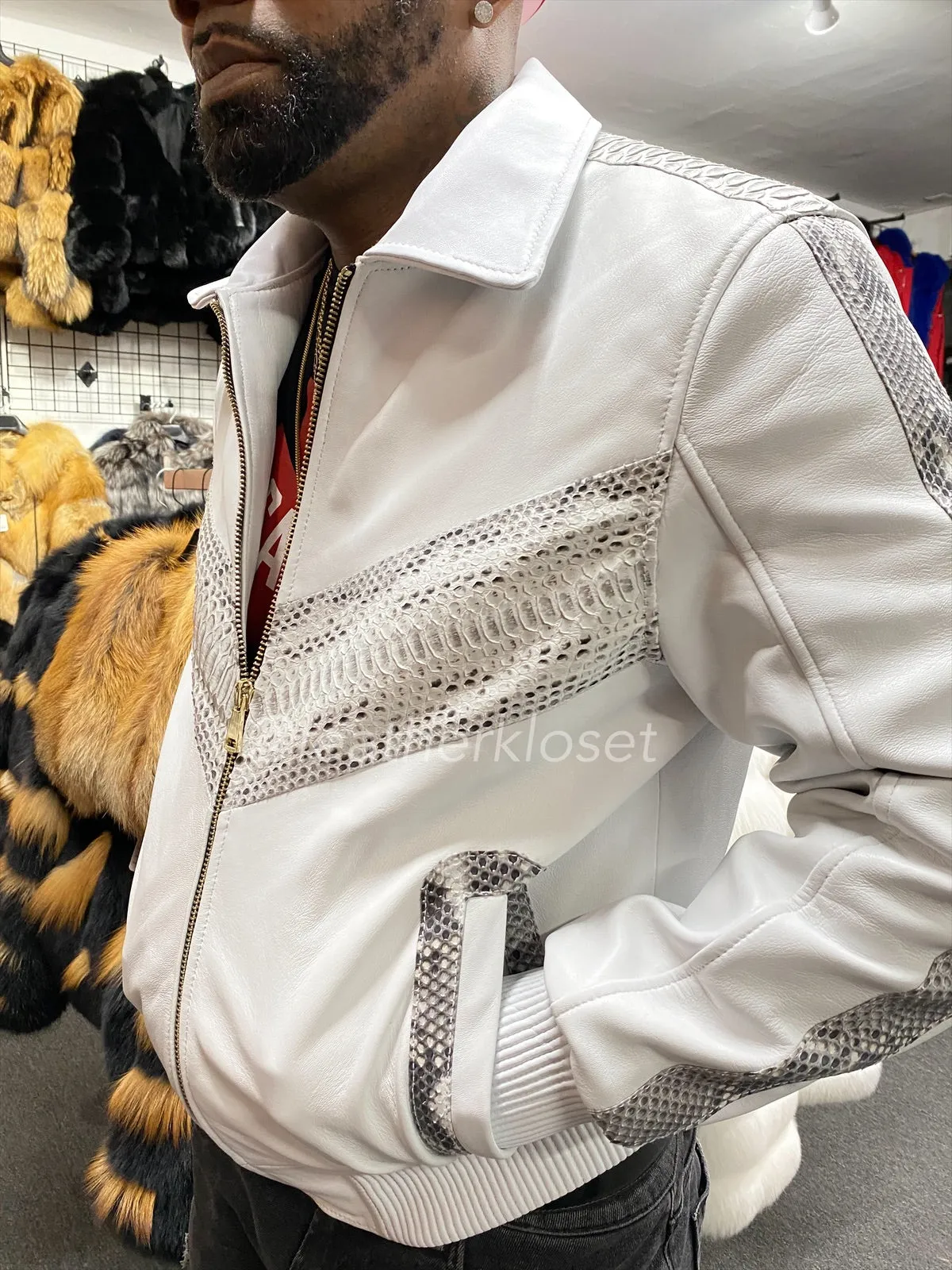 Men's Real Python And Leather Bomber Jacket