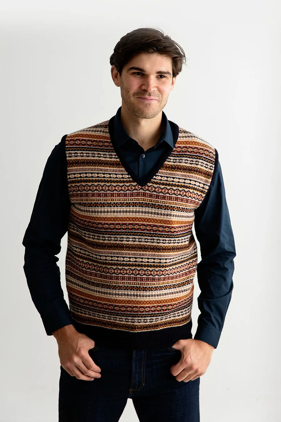 Mens Tweed Fair Isle V Neck Sleeveless Jumper - Navy