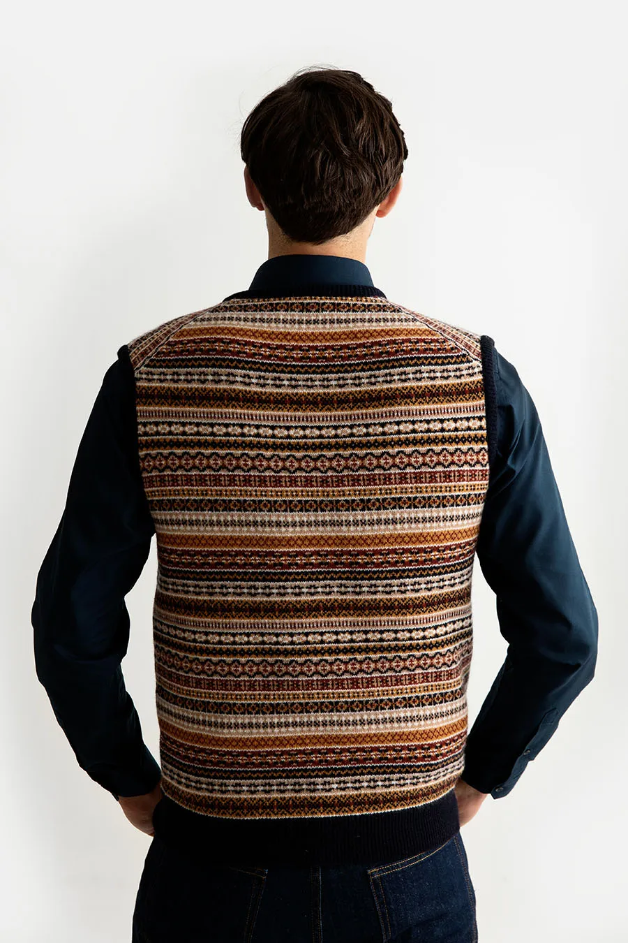 Mens Tweed Fair Isle V Neck Sleeveless Jumper - Navy