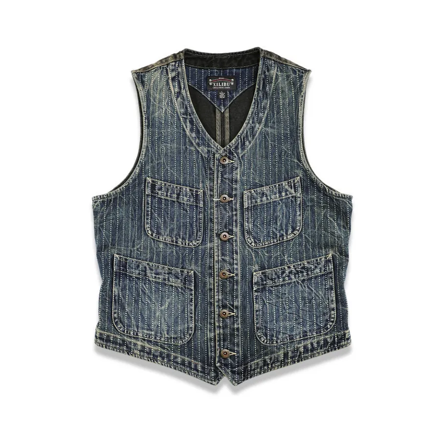 Men's Washed Striped V-neck Denim Vest