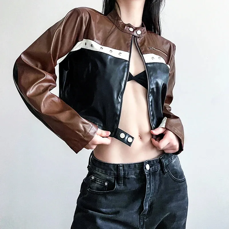 Moto&Biker Style Punk Autumn Zip Up Jacket Women Patchwork Harajuku PU Leather Coat Crop Contrast Color Retro Outwear