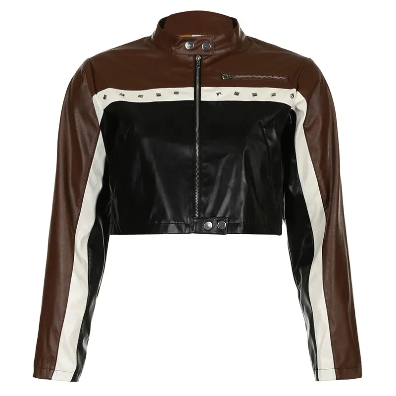 Moto&Biker Style Punk Autumn Zip Up Jacket Women Patchwork Harajuku PU Leather Coat Crop Contrast Color Retro Outwear