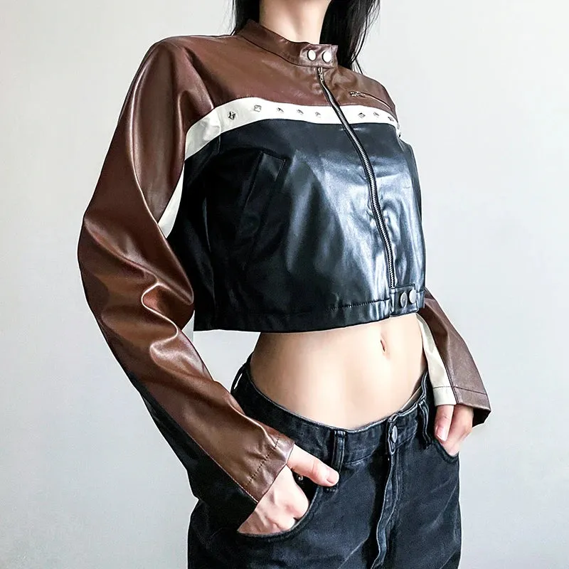 Moto&Biker Style Punk Autumn Zip Up Jacket Women Patchwork Harajuku PU Leather Coat Crop Contrast Color Retro Outwear