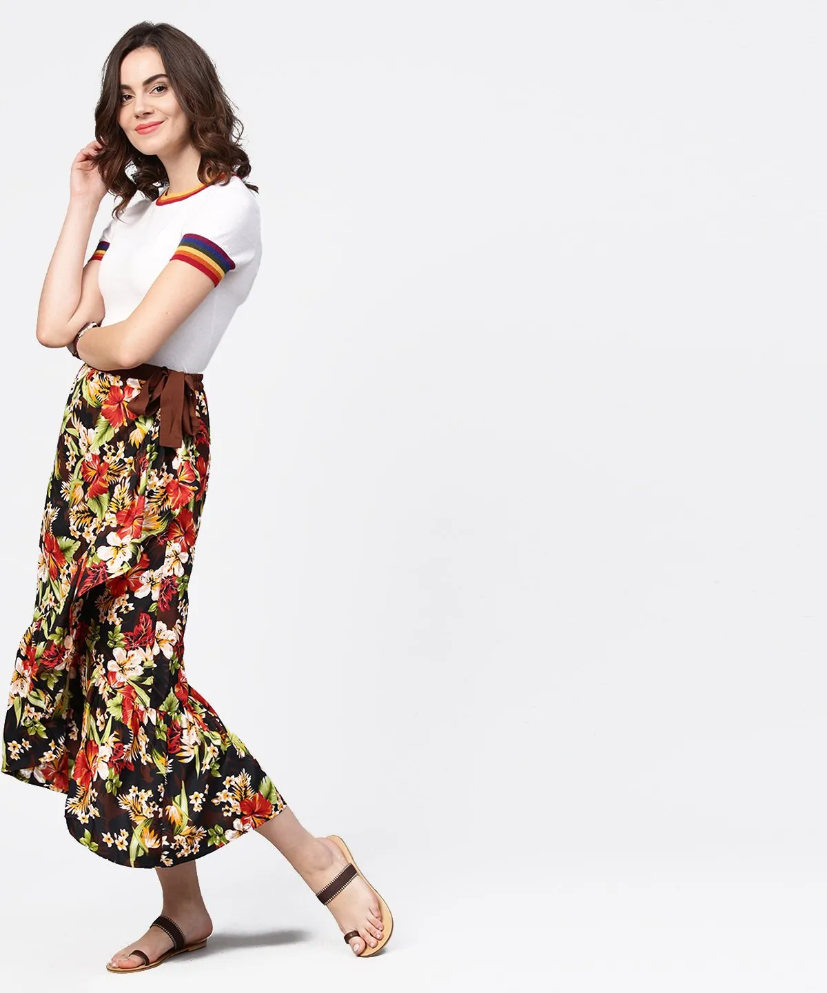 Multi Flower Printed Calf Length Skirt