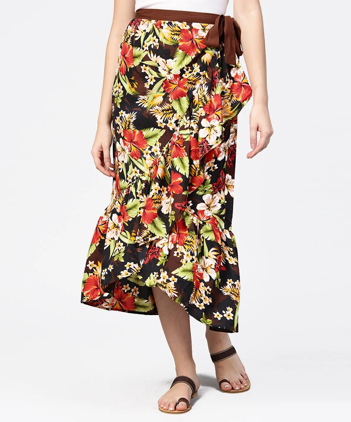 Multi Flower Printed Calf Length Skirt