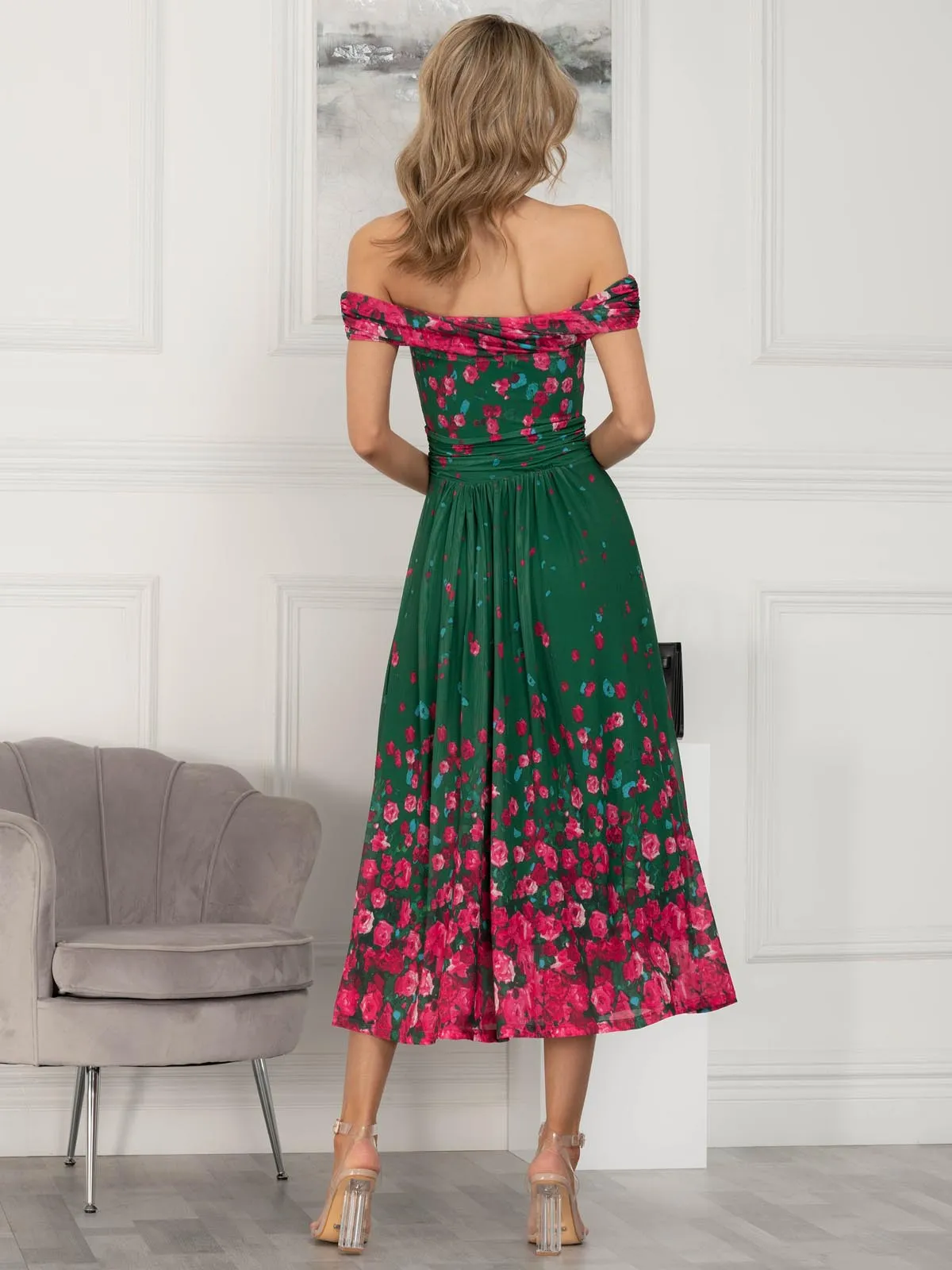 Oliana Mesh Bardot Neckline Dress, Green Floral