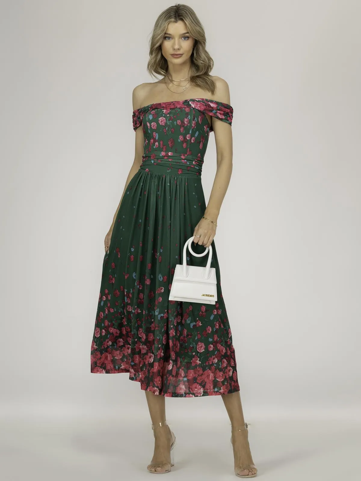 Oliana Mesh Bardot Neckline Dress, Green Floral