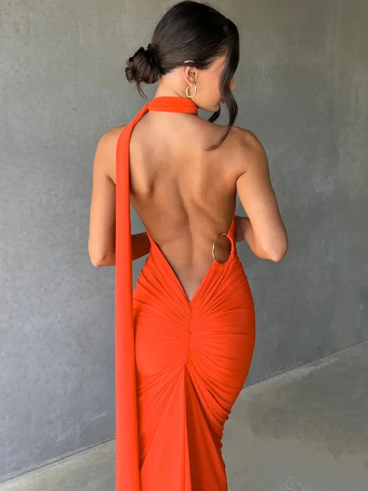 One Shoulder Backless Adjustable Scarf Loop Ruched Sexy Maxi Dress