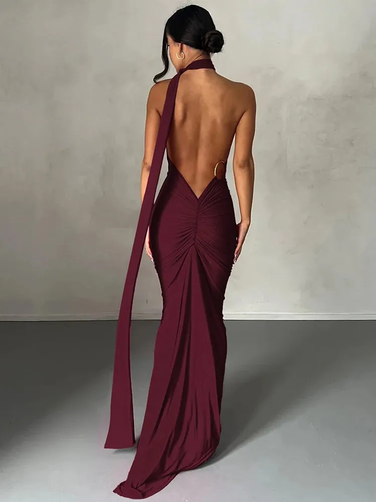 One Shoulder Backless Adjustable Scarf Loop Ruched Sexy Maxi Dress