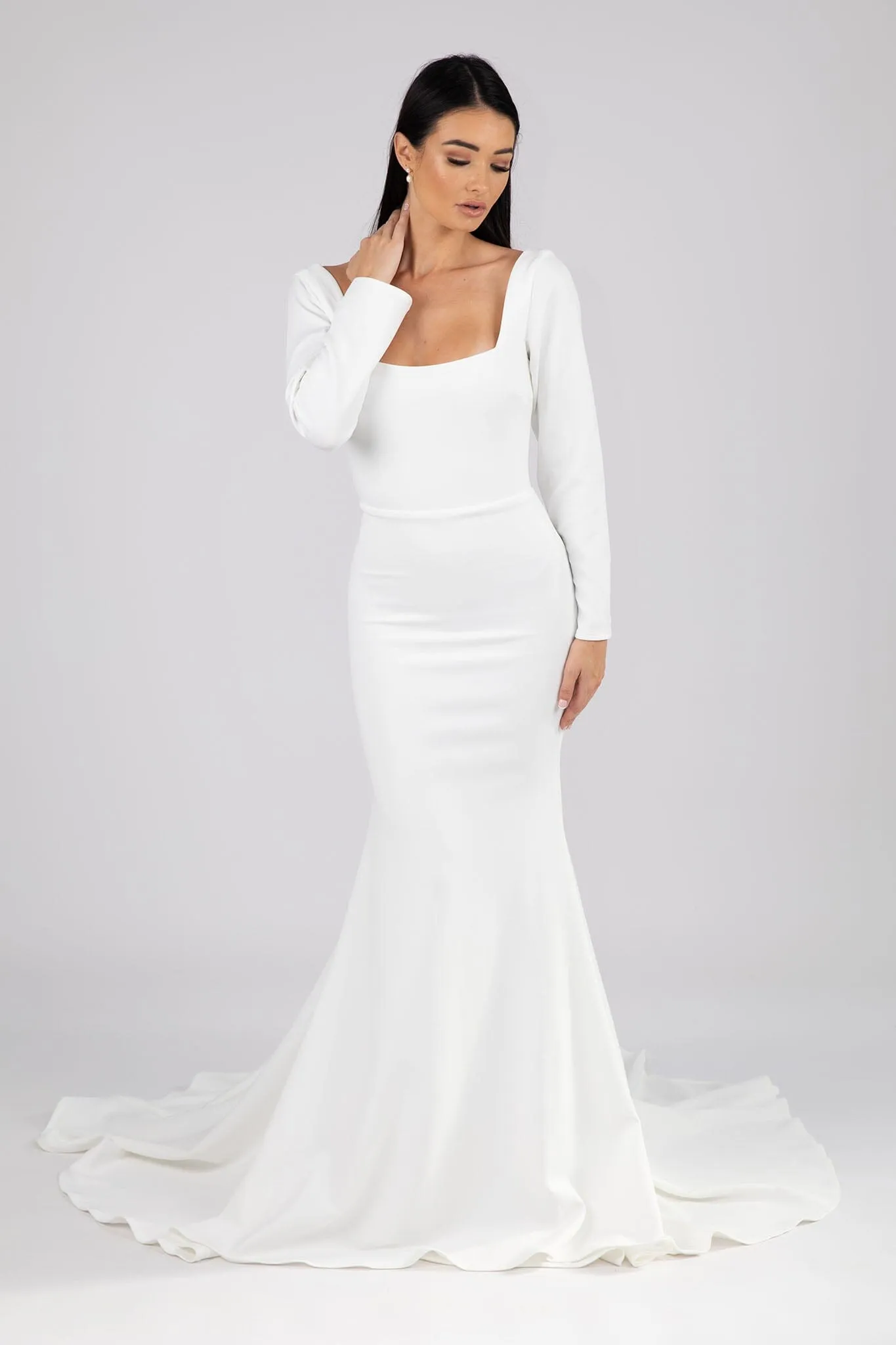 Paola Square Neck Long-Sleeve Crepe Gown - Ivory