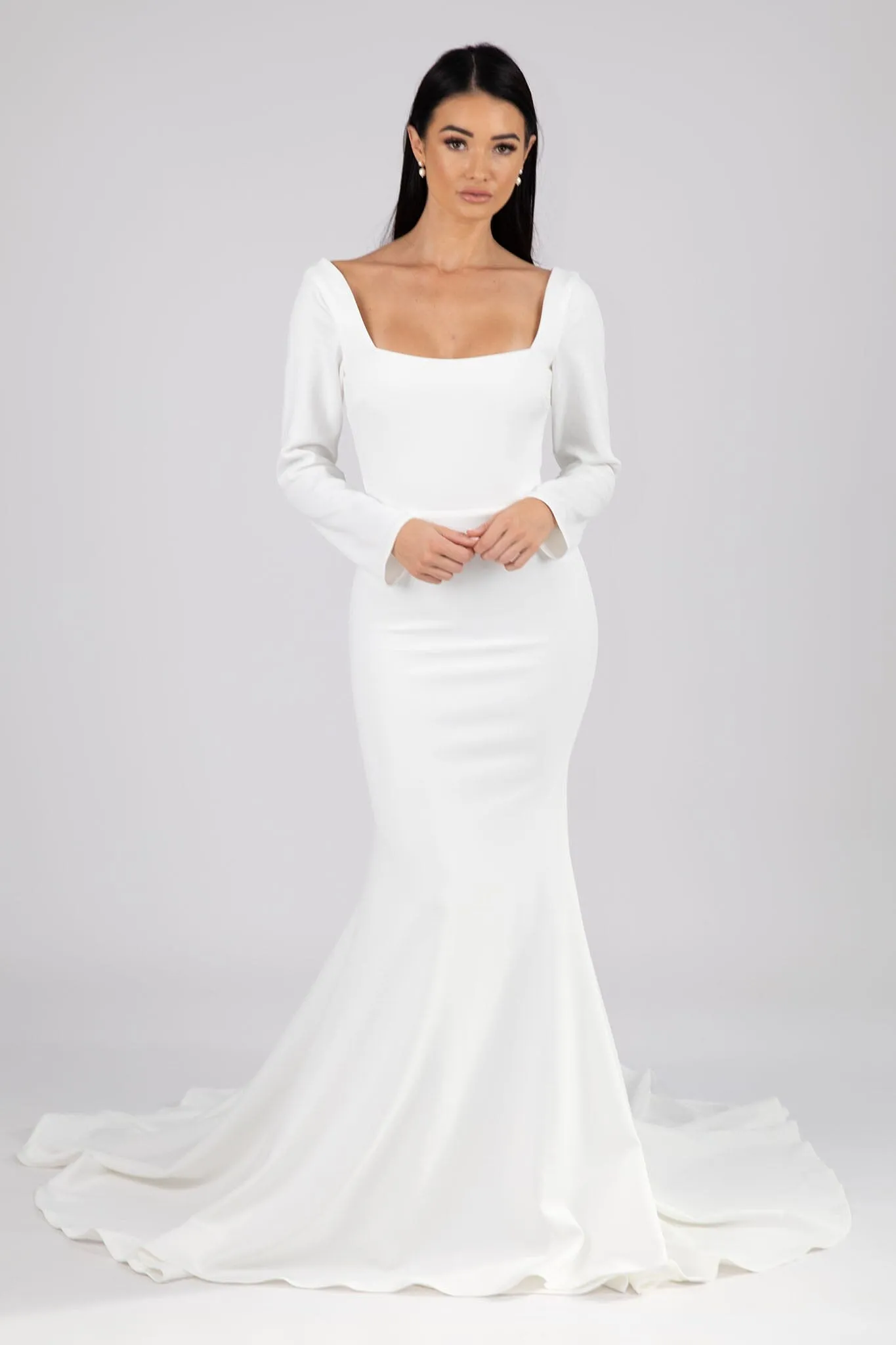 Paola Square Neck Long-Sleeve Crepe Gown - Ivory