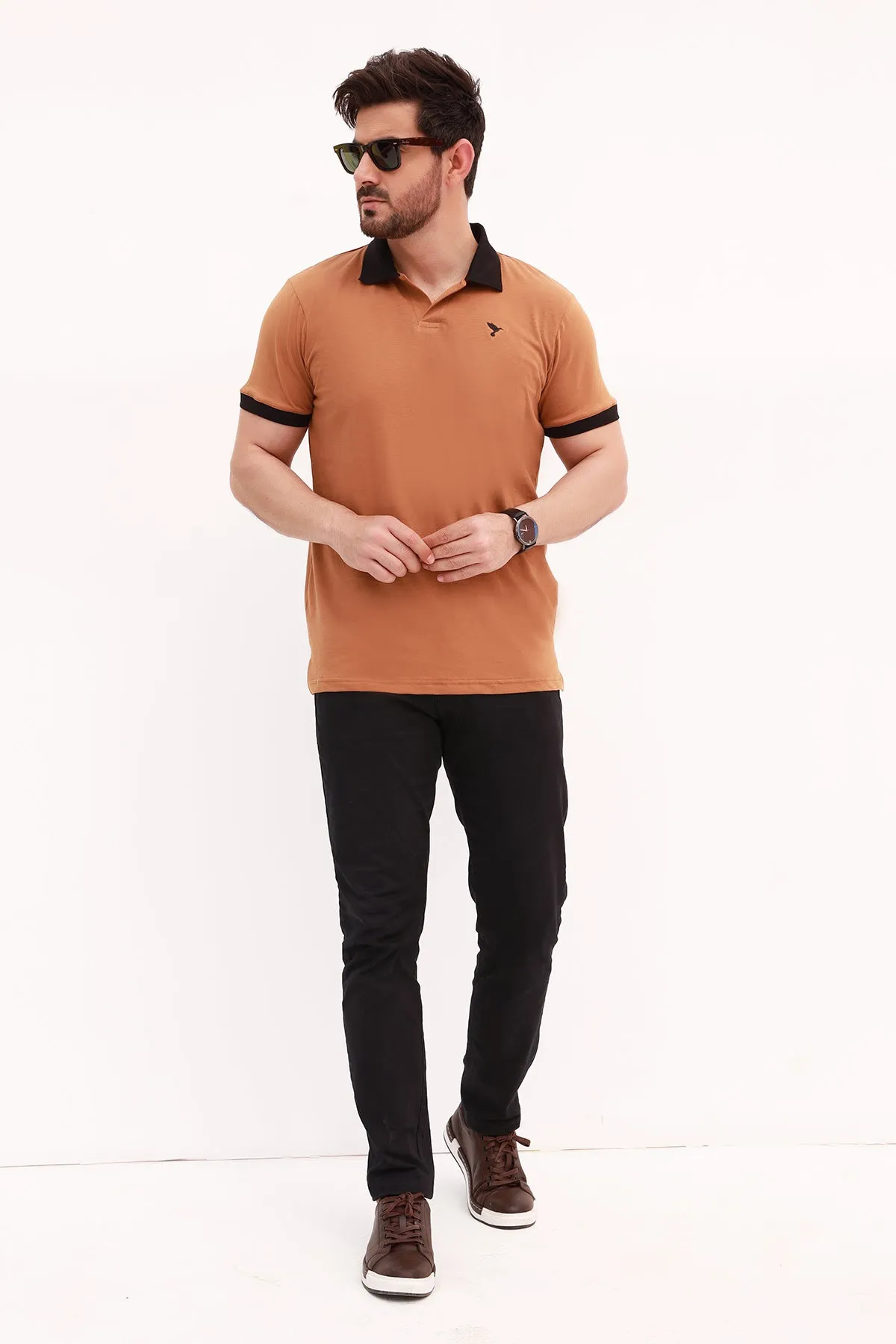 Pecan Brown Contrast Embroidered Polo Shirt - S22 - MP0114R