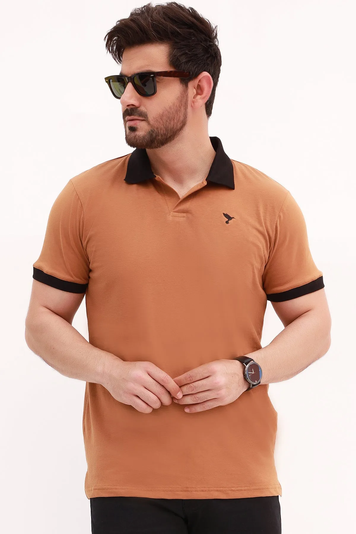 Pecan Brown Contrast Embroidered Polo Shirt - S22 - MP0114R