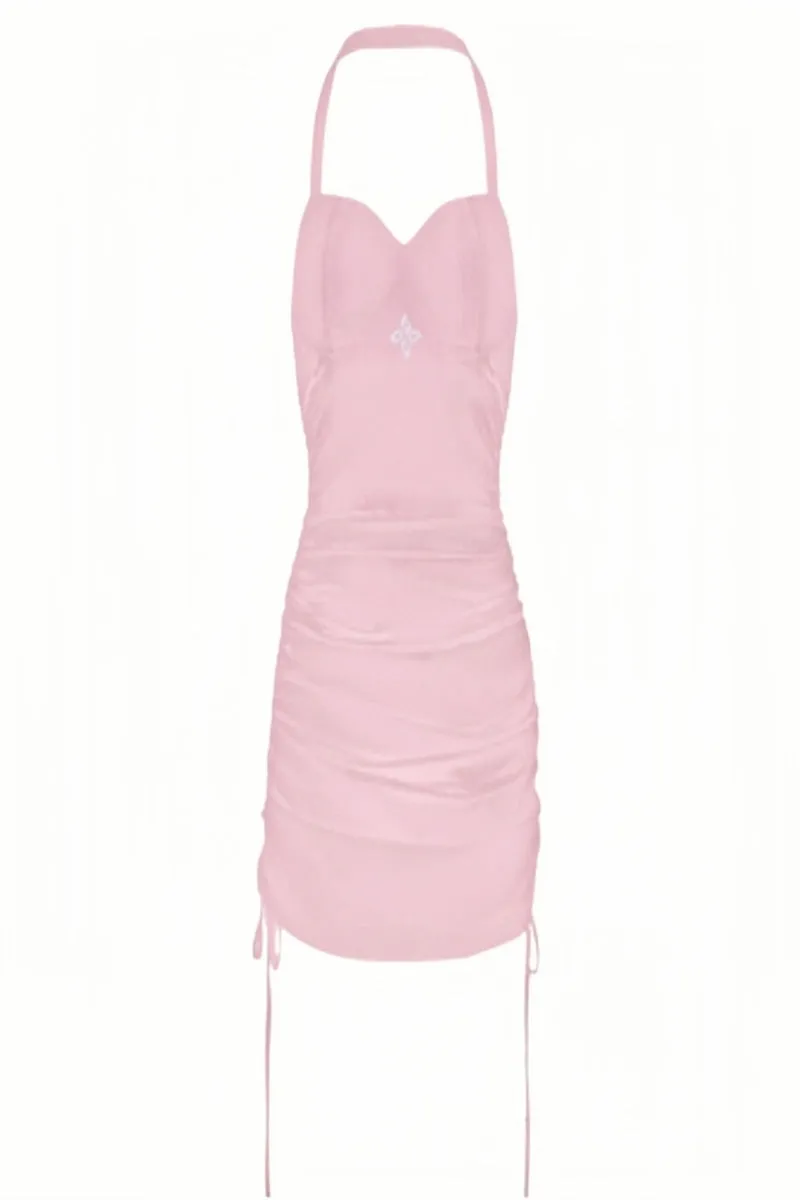 Pink Tie-Neck Pleated Silk Mini Dress with Cross Design