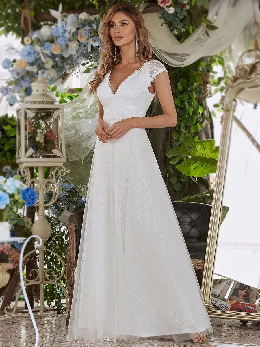 Romantic White V Neck A-Line Tulle Wedding Dresses with Floral Lace