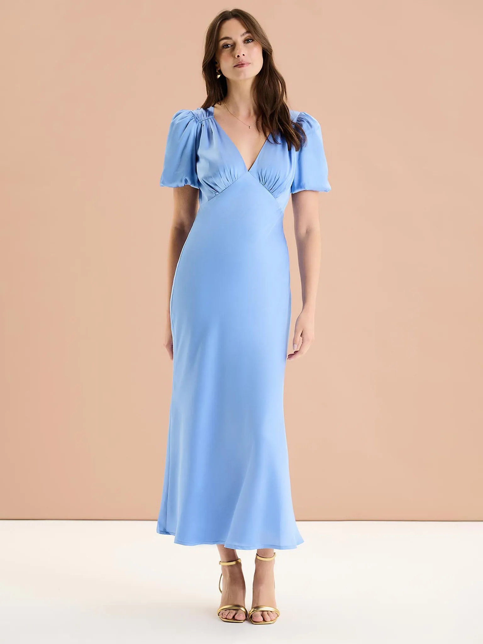 Rosie Ruched Puff Sleeve Dress in Light Blue