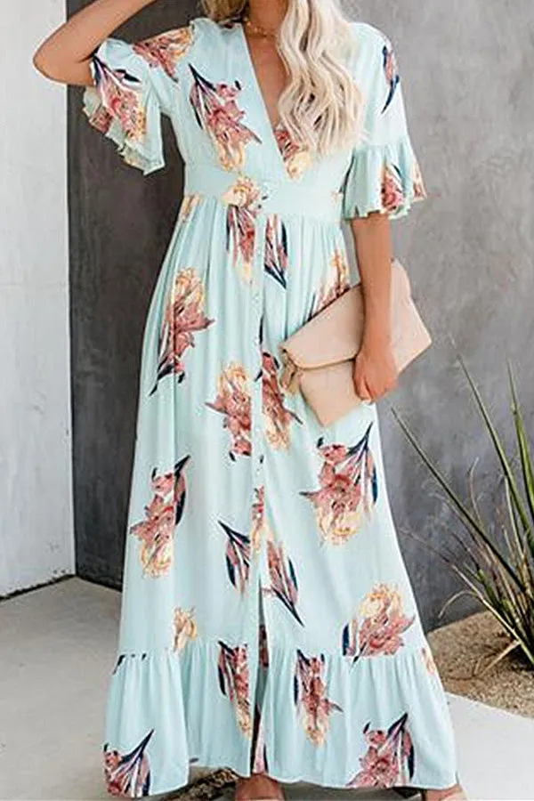 Ruffled V-neck Printed Maxi Dress