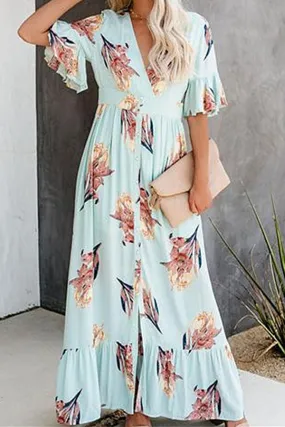 Ruffled V-neck Printed Maxi Dress