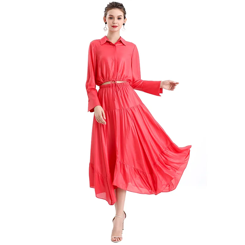 S068-6 Women Laminated chiffon asymmetric panelled long flare handkerchief skirt