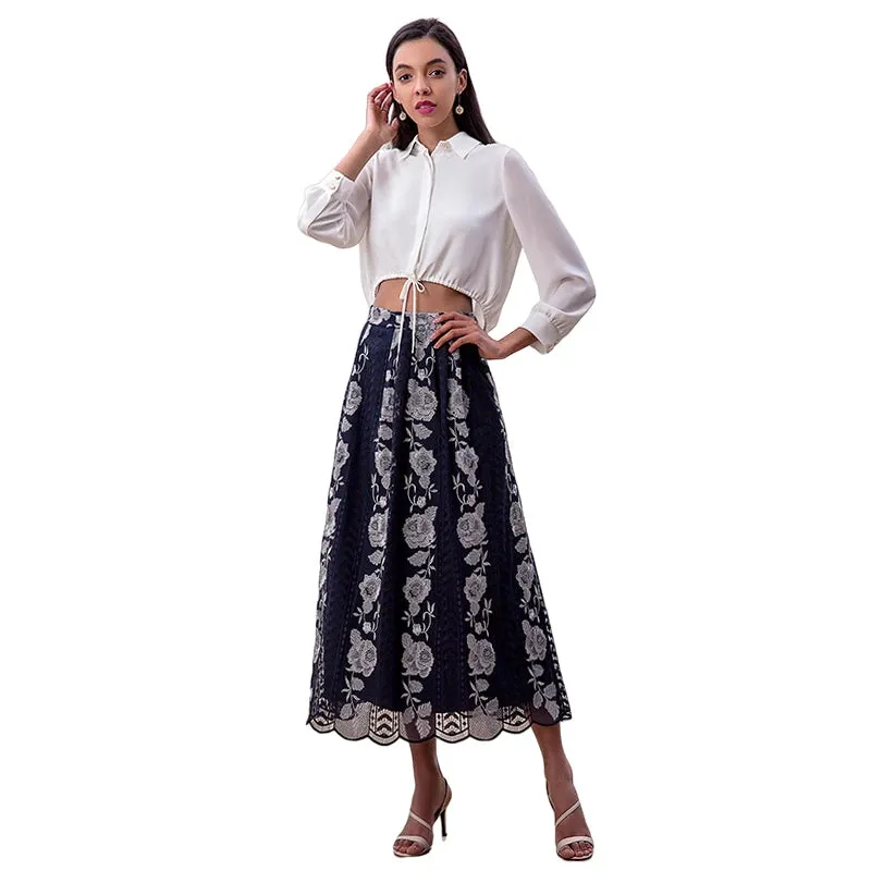 S127-1 Women Roses embroidered mesh scallop hem A-line midi skirt