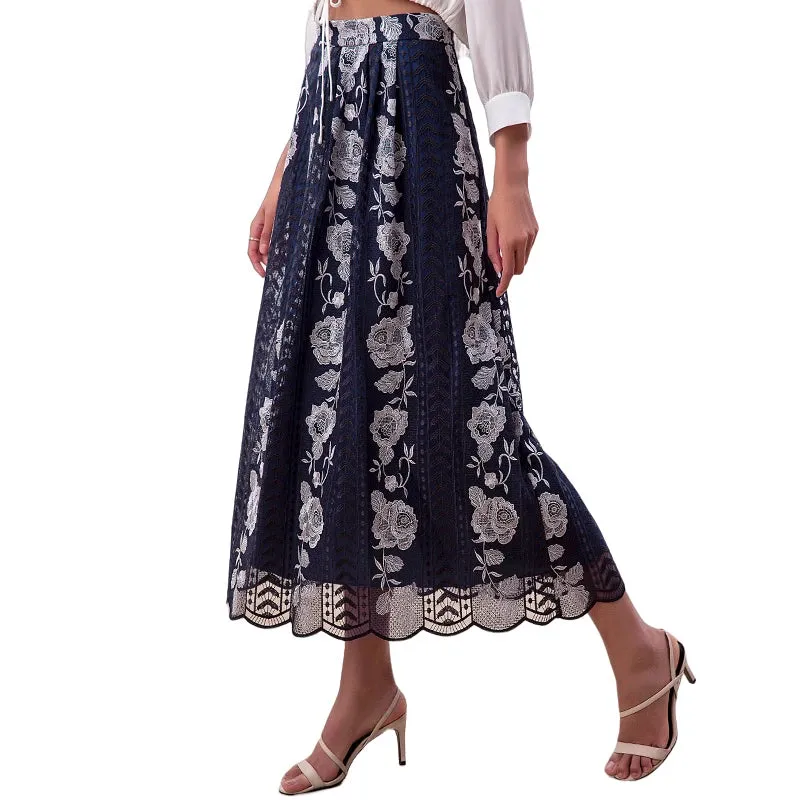 S127-1 Women Roses embroidered mesh scallop hem A-line midi skirt