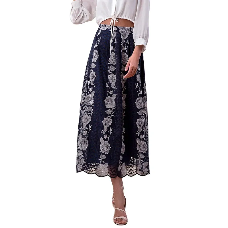 S127-1 Women Roses embroidered mesh scallop hem A-line midi skirt