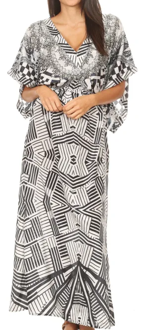 Sakkas Delma Women's Long Maxi Column V-neck Short Sleeve Slim Dress with Print